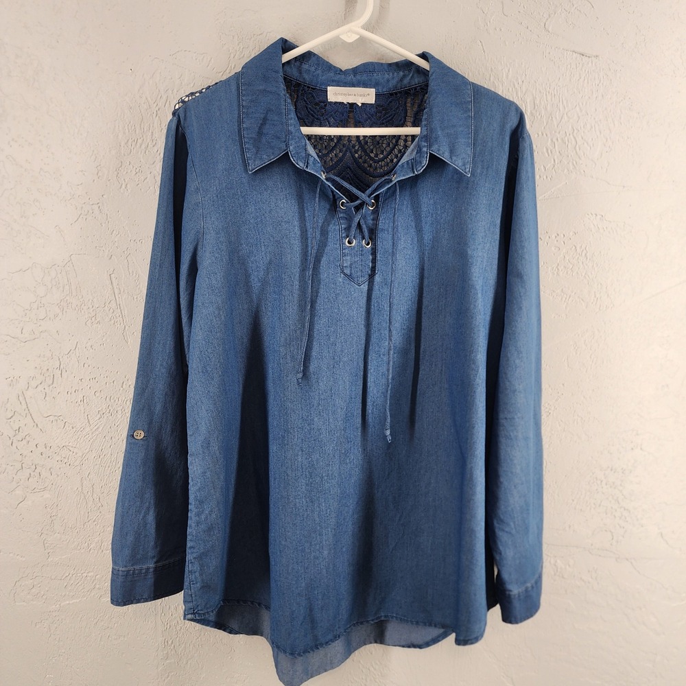 Christopher & Banks Blue Lace Back Denim Chambray Lace Up Boho Top Womens Large